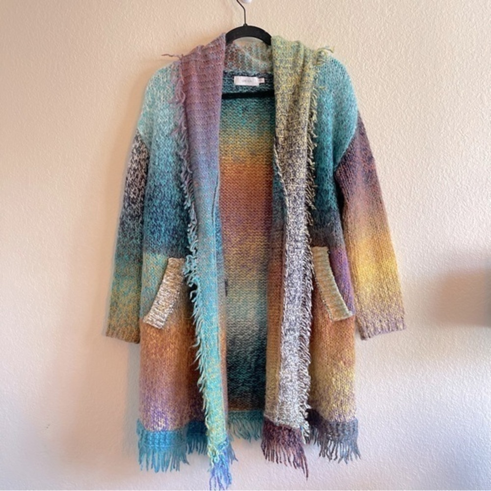 GREYLIN Multicolor Fringe Knit Boho Long Cardigan Oversized Womens Size Small